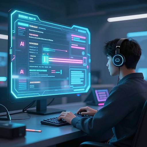 Photograph of a young man with dark hair wearing headphones, sitting at a desk, focused on a glowing blue neon-lit computer screen displaying technical data