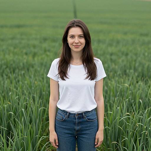 Photograph of a young woman with long brown hair, wearing a white t-shirt and blue jeans, standing in a lush green field of tall grass.