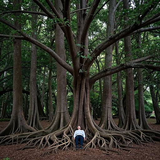 Photograph of a man in a white shirt and black pants standing at the base of a massive, sprawling tree with extensive roots in a dense forest.