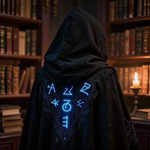 Mysterious figure in black hooded cloak with glowing blue runes on back, standing in dimly lit library with bookshelves and candle. Photographic