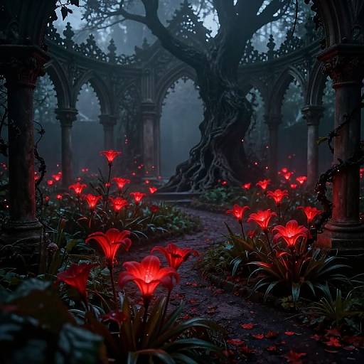 Mysterious, dark forest garden with glowing red flowers illuminating ancient, Gothic arches. Misty, atmospheric twilight setting. Digital art.