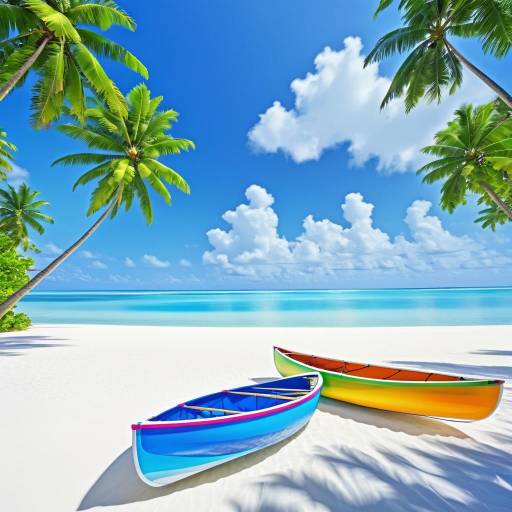 Tropical Beach with Colorful Canoes