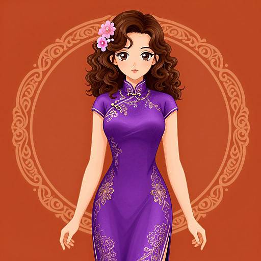 Digital illustration of a fair-skinned, brown-haired woman in a purple, floral-patterned cheongsam, with a pink flower in her hair,