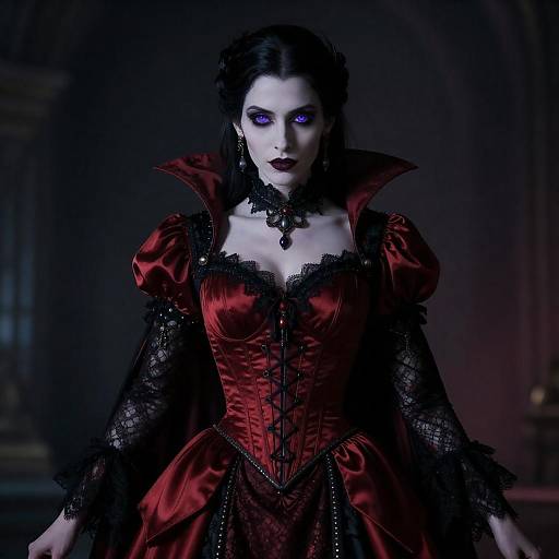 Violet-Eyed Vampire Sorceress, Crimson Victorian Gown