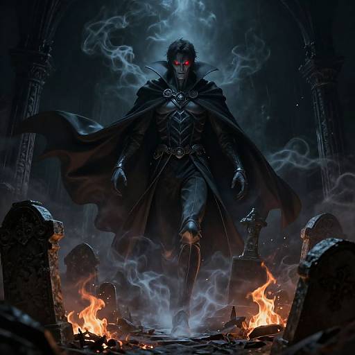 Digital artwork: Dark, menacing figure with glowing red eyes and black cloak standing over burning tombstones, surrounded by eerie smoke and flames in a gothic