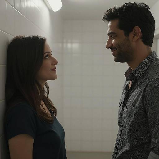 Couple Smiling in Dimly Lit Corridor