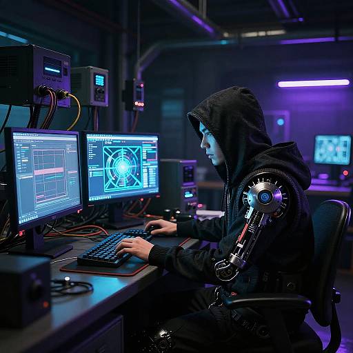 Photograph of a person in a black hoodie with cybernetic arm, typing on multiple blue-lit computer screens in a dark, neon-lit