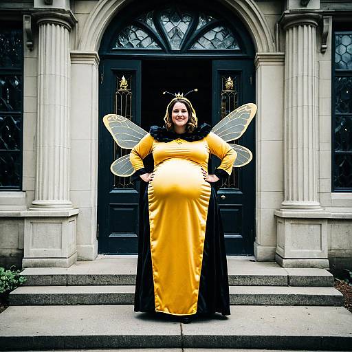 Photograph of a pregnant woman in a yellow and black fairy costume with translucent wings, standing on stone steps in front of a Gothic-style black door.