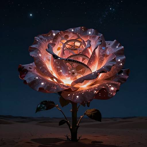 Photograph of a glowing, fiery rose sculpture with illuminated petals, set against a dark, starry night sky and desert landscape.