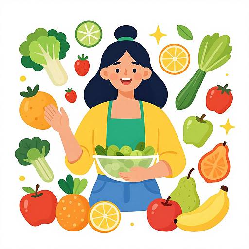 Cartoon woman with black hair, yellow cardigan, green apron, holding bowl of greens, surrounded by colorful fruits and vegetables.
