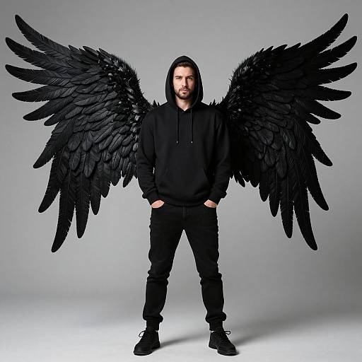 Photograph of a bearded man with long black hair, wearing a black hoodie, pants, and shoes, with large black feathered wings, standing