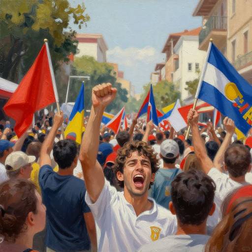 Photograph of a passionate crowd, predominantly male, with raised fists, waving red, blue, and yellow flags in an urban street protest.