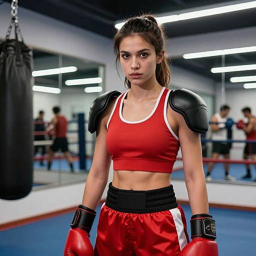 Photograph of a determined young woman with brown hair in a ponytail, wearing a red sports bra, red boxing gloves, and red satin shorts with