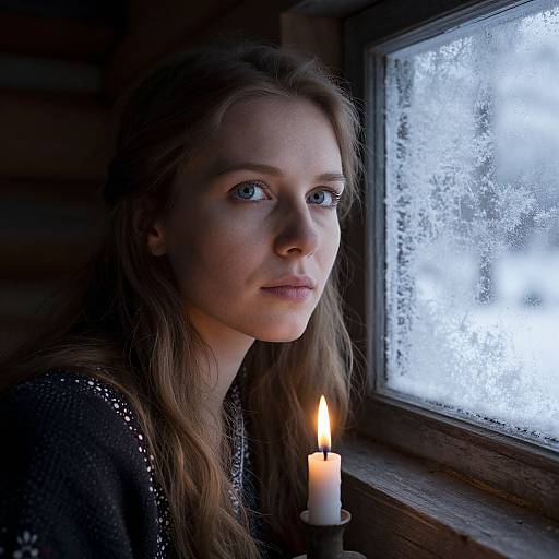 Photograph of a pensive young woman with fair skin and blue eyes, gazing out a frosty window, candlelit, in a wooden cabin