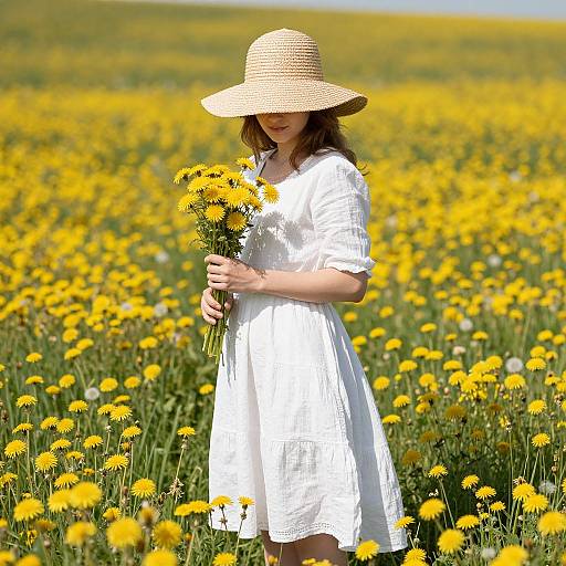 Photograph of a woman in a white dress and straw hat, holding yellow daisies, standing in a vast sunflower field.
