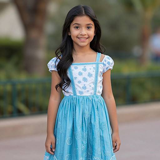 Photograph of a young Asian girl with long black hair, wearing a white and blue floral dress, smiling outdoors with a blurred green park background.