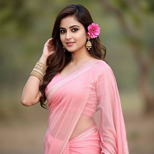 Photograph of a beautiful Indian woman with long dark hair, pink saree, gold jewelry, pink flower in hair, smiling outdoors.