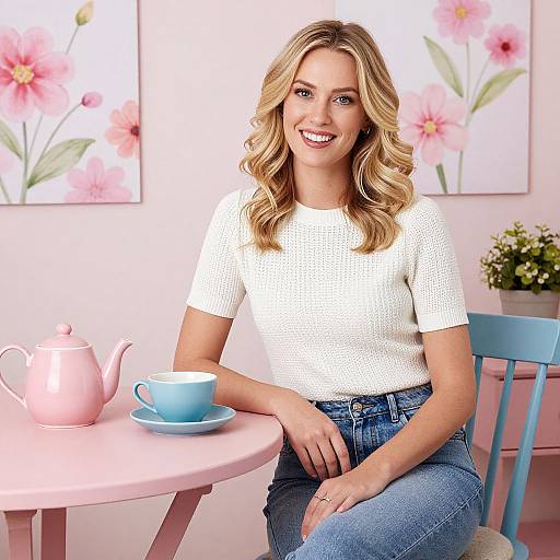 Blonde woman with wavy hair, white knit shirt, blue jeans, smiling, sitting by pink table with blue teacup and pink teapot