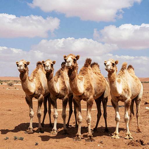 Five Camels in Sunlit Desert