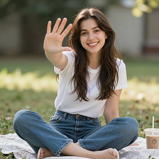 Photograph of a smiling young woman with long dark hair, wearing a white t-shirt and blue jeans, sitting cross-legged on a blanket, waving with