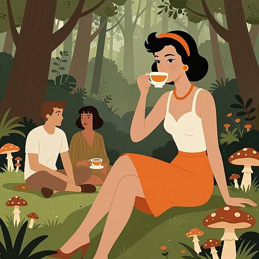 Mid-century Modern Woman Drinking Tea in Forest