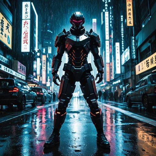 Cyberpunk Warrior in Neon Rainy City