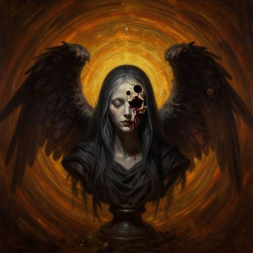 Digital art of a pale, angelic woman with black wings, blood from skull wound, closed eyes, black hooded robe, glowing golden halo,
