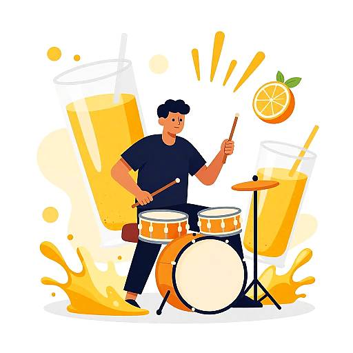 Illustration: Cartoon drummer with black hair and shirt, orange drum set, holding a stick, orange splashes, and floating orange slice background.