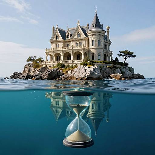 Photorealistic CGI image of an ornate, Victorian-style mansion on a rocky island, reflected in a blue hourglass submerged underwater.