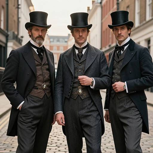 Photograph of three Victorian-era men in black top hats, pinstriped suits, vests, and bow ties, standing on a cobblestone