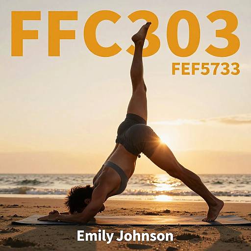 Photograph of a woman in a yoga pose at sunset on the beach, wearing a sports bra and shorts, with 