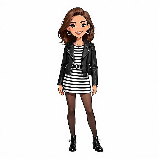 Digital illustration of a cute, smiling woman with brown hair, wearing a black leather jacket, striped dress, black tights, and boots.