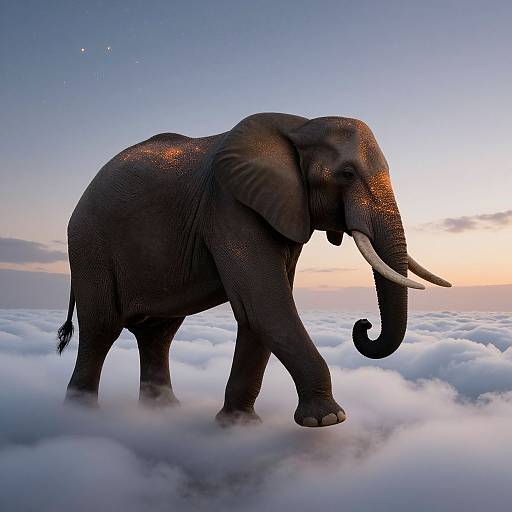 Photograph of a majestic, dark-grey elephant with glowing orange highlights, walking through a sea of fluffy white clouds at sunset.