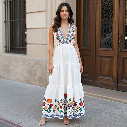 Photograph of a dark-haired woman in a white, floral-embroidered, sleeveless dress with a deep V-neck, standing in front of