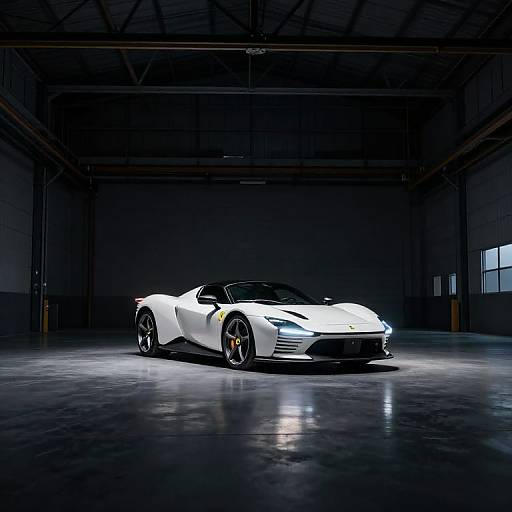 Photograph of a sleek, white, low-slung sports car with black accents and yellow brake calipers, illuminated in a dim, industrial garage.