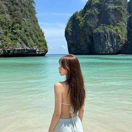 Photograph of a young woman with long brown hair in a white bikini and skirt, standing in clear turquoise water between two lush, rocky cliffs under a