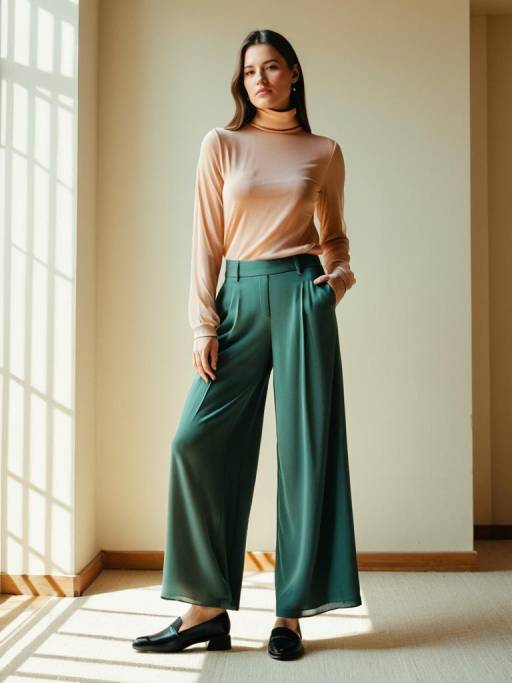 Woman in Peach Turtleneck and Green Palazzo Pants