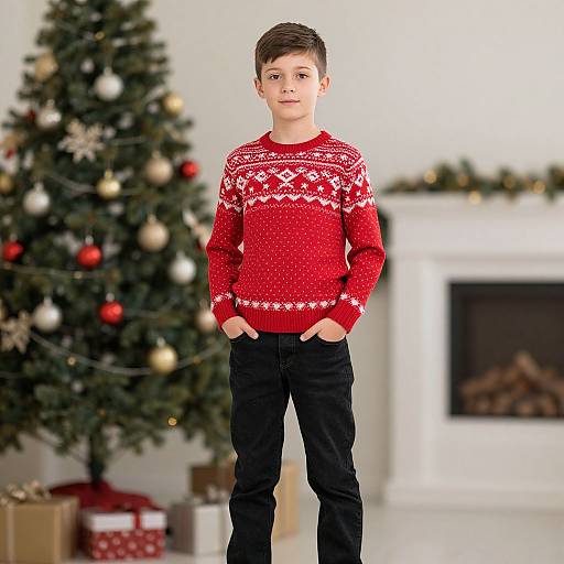 Photograph of a young boy with short brown hair, wearing a red Christmas sweater with white patterns, black pants, standing in front of a decorated Christmas