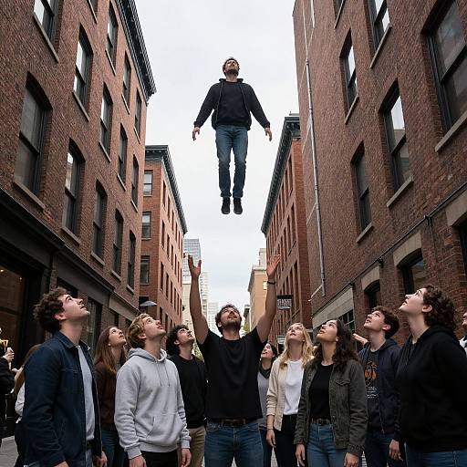 Photograph of a group of young people standing in a narrow brick alley, looking up as a man in black jumpsuit and jeans levitates in the