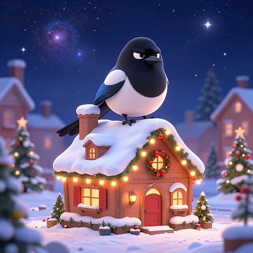 CGI image of a grumpy black and white bird perched on a snow-covered, Christmas-lit wooden house in a starry, snowy night