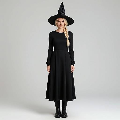Photograph of a blonde woman in a black long-sleeve dress, black boots, and a pointed witch hat, standing against a plain white background