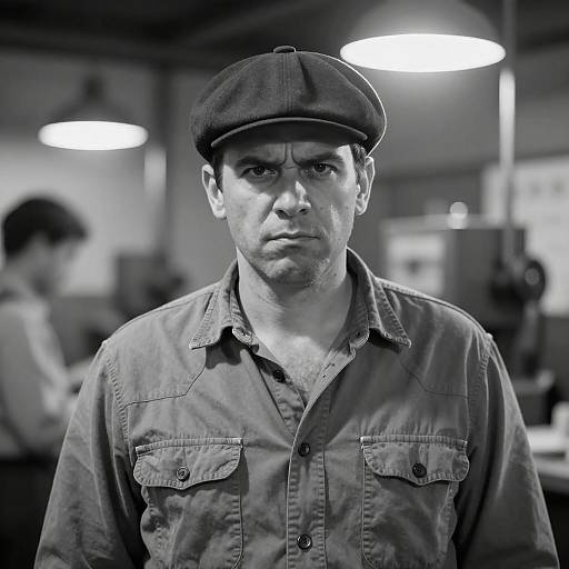 Stern Man in Industrial Setting