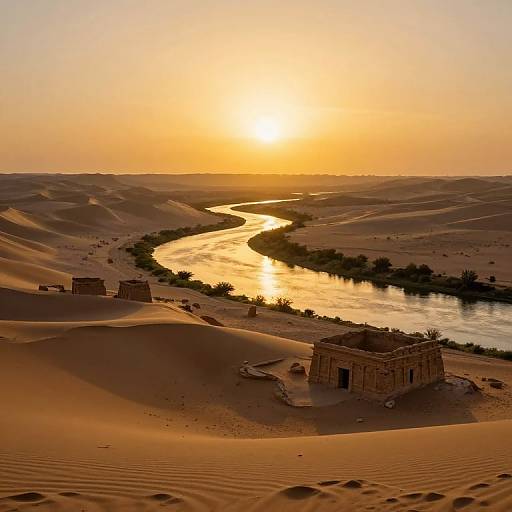 Photograph of a golden sunset over a desert landscape with a winding river, silhouetted trees, and ancient, rectangular sandstone structures.