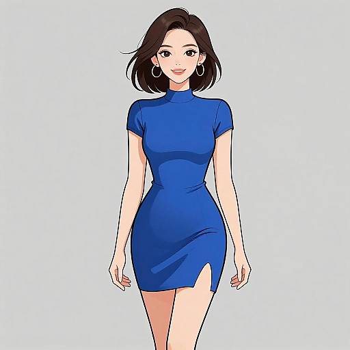 Digital anime-style drawing of a smiling woman with shoulder-length black hair, wearing a tight, short-sleeved, blue dress with a side slit,