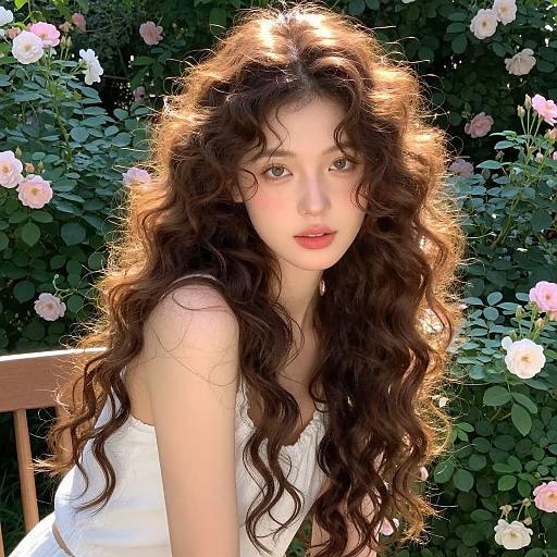 Photograph of a young woman with long, wavy brown hair, fair skin, and pink lips, wearing a white tank top, sitting against a