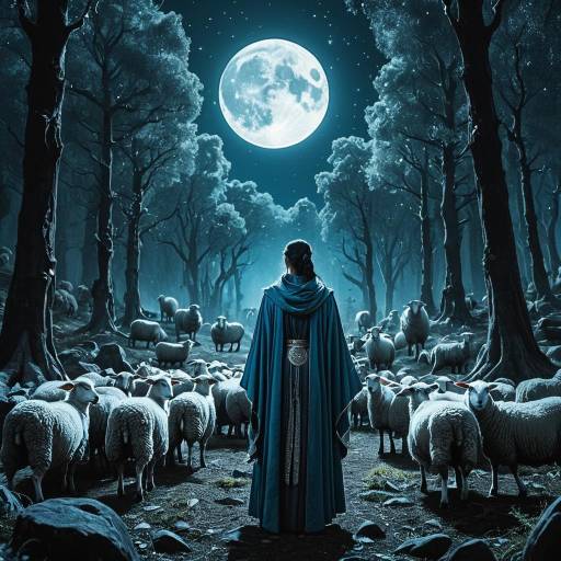 Oracle in Enchanted Forest with Sheep under Full Moon Oracle in Enchanted Forest with Sheep under Full Moon