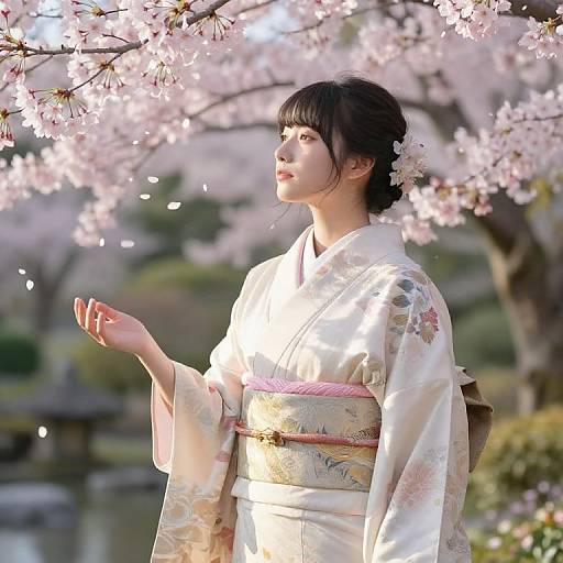 Photograph of a Japanese woman in a white floral kimono, standing under cherry blossom branches, with pink petals falling around her.