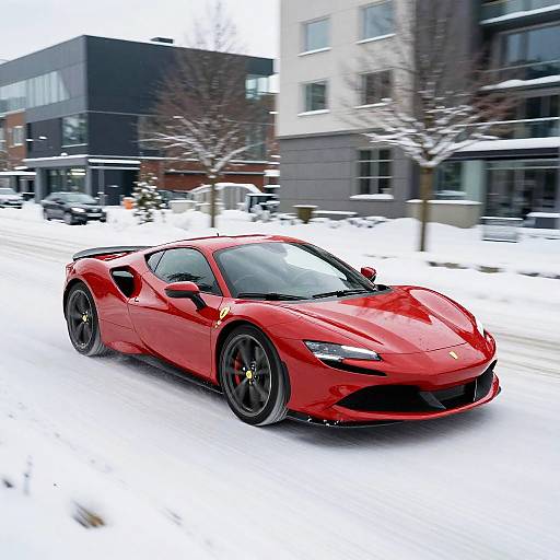 Red Sports Car on Snowy City Street