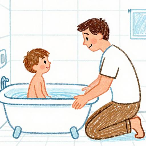 Cartoon-style drawing of a smiling father kneeling beside a bathtub, helping a smiling young boy with brown hair bathe. White bathroom background.