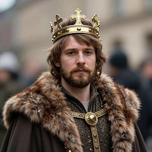 Photograph of a bearded man in medieval regalia: golden crown, fur-trimmed black robe, detailed chest cross, serious expression, blurred